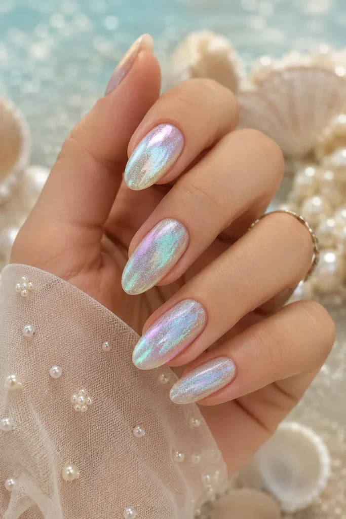 Iridescent shimmer nails inspired by mermaid ocean colors