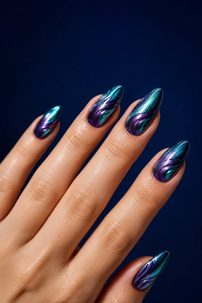Metallic fin flick accent with bold shimmering teal swoosh