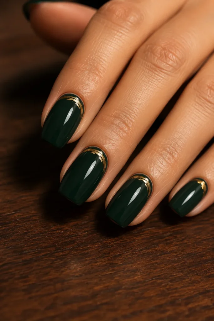 Emerald green nails with metallic gold brush accents