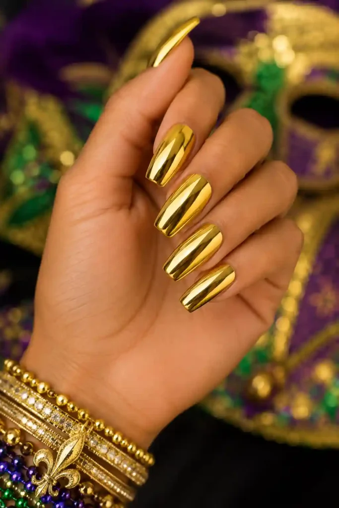 Bold metallic gold chrome nails for Mardi Gras celebration
