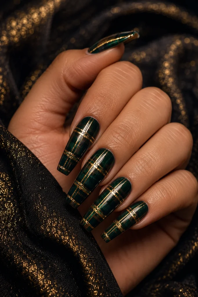 Metallic gold lined plaid nails on emerald polish