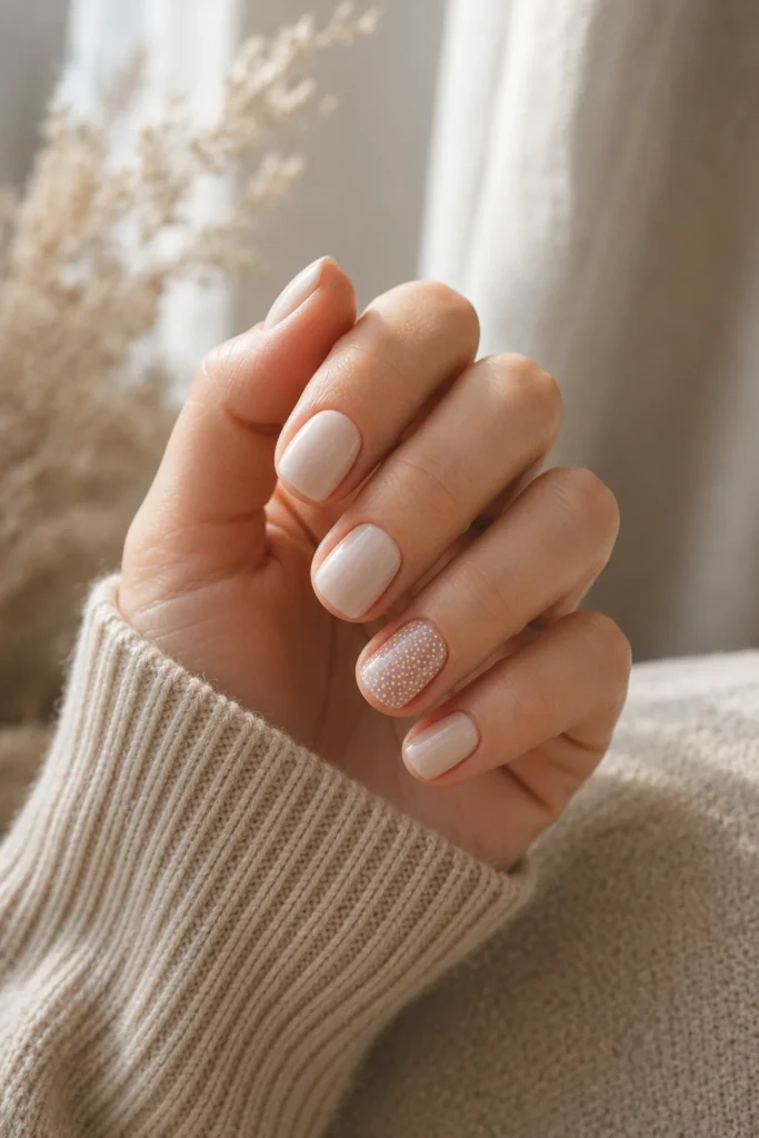 Short squoval nails featuring a tiny dot accent on one nail with a nude base.