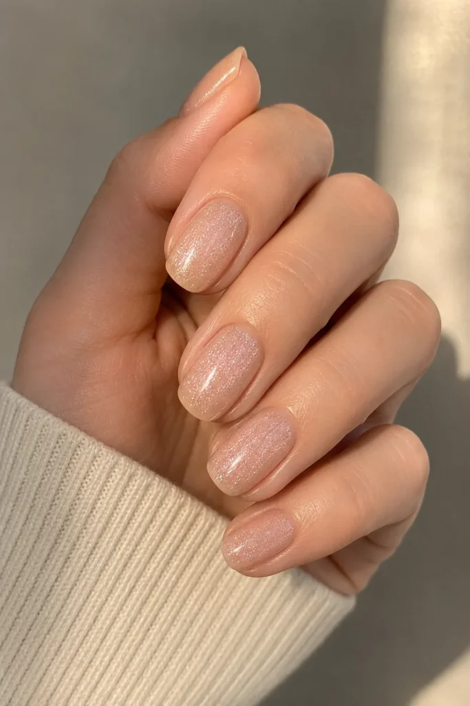 Nude nails with ultra fine micro glitter shimmer