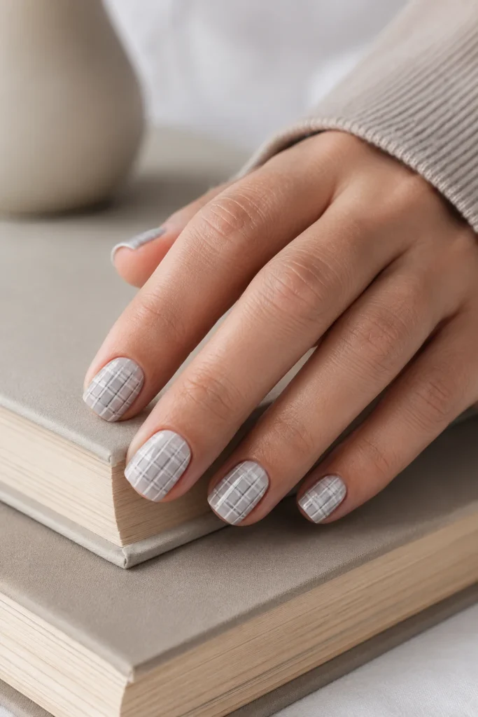 Micro plaid mini grid nail design on short square nails
