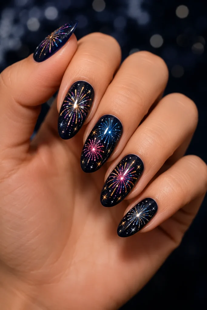 Navy black nails with colorful firework bursts painted on