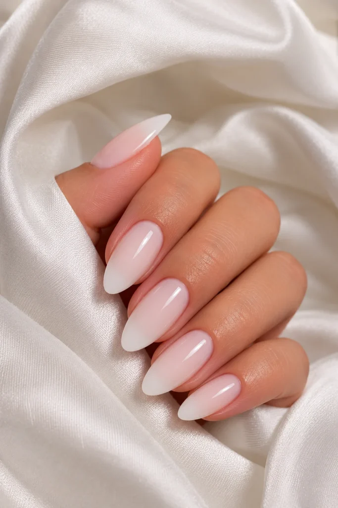 Milky clear almond shaped glossy natural nail design