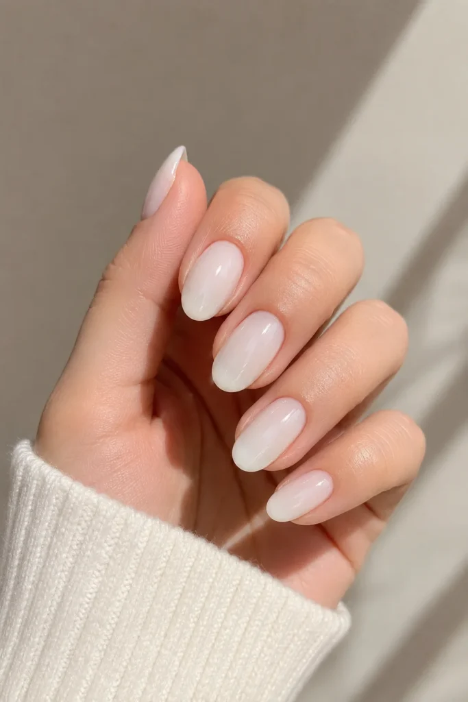 Milky white glossy baby shower nails elegant manicure design