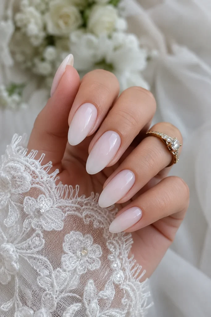 Soft milky white sheer bridal wedding nail design