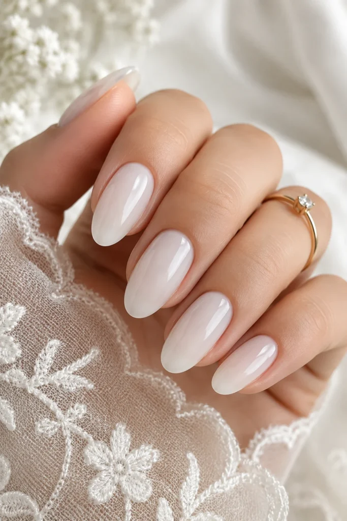 Sheer milky white glossy bridal manicure close up