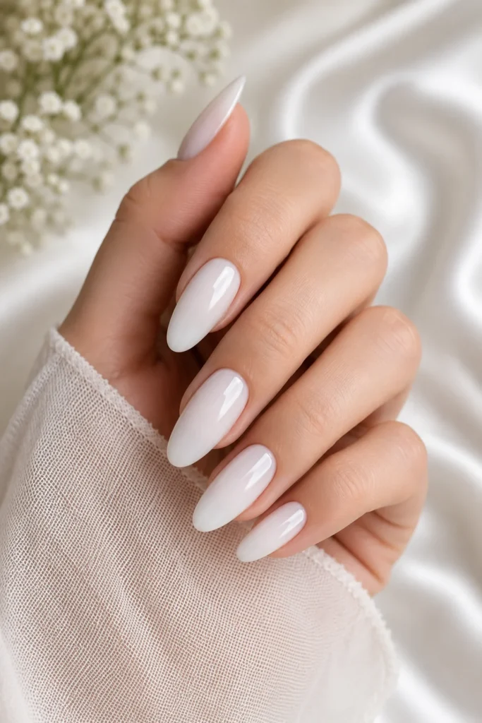 Soft milky white glossy bridal shower nail design