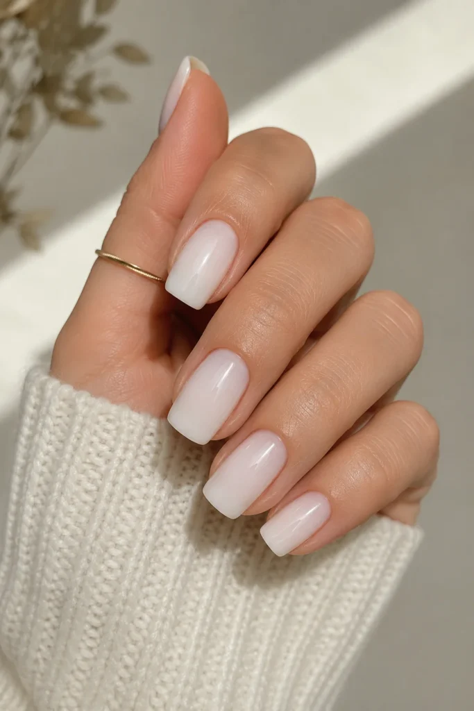 Milky white dip powder nails clean modern manicure