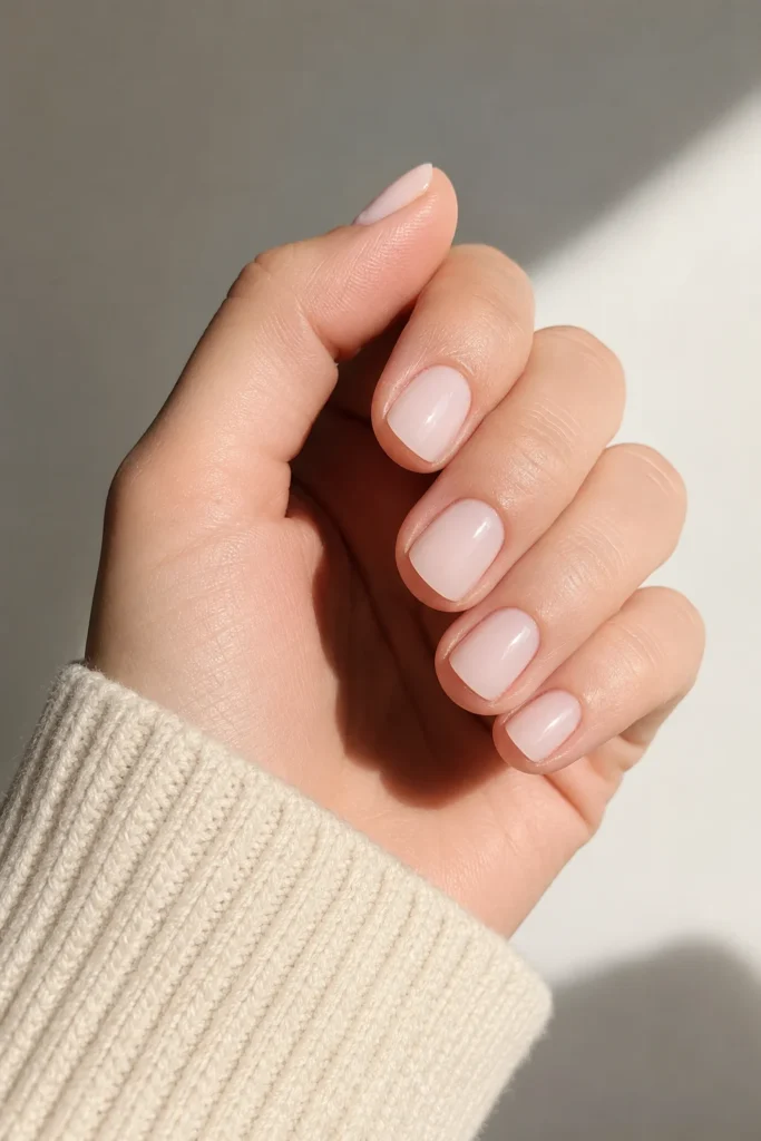 Milky white sheer polish on short nails