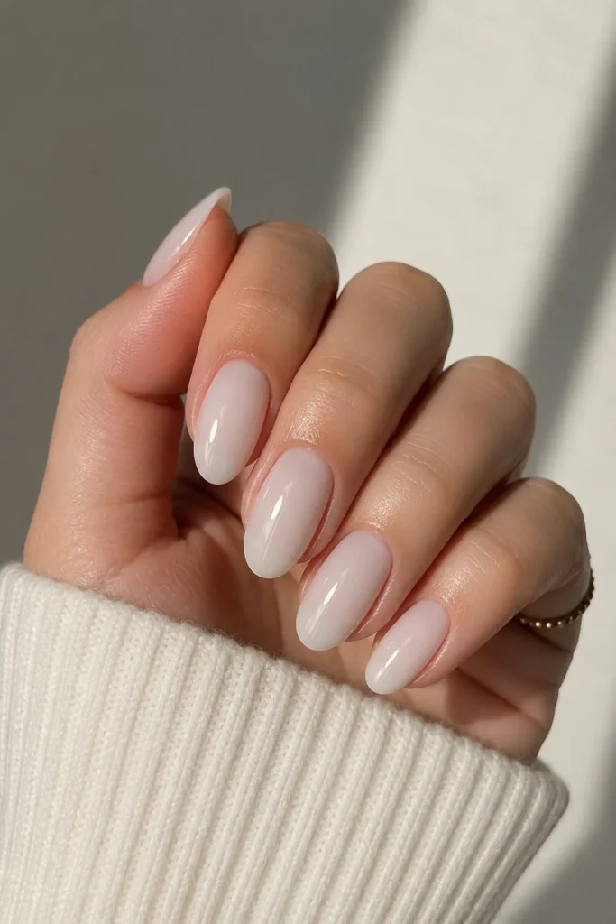 Milky white glossy nail polish on natural short nails
