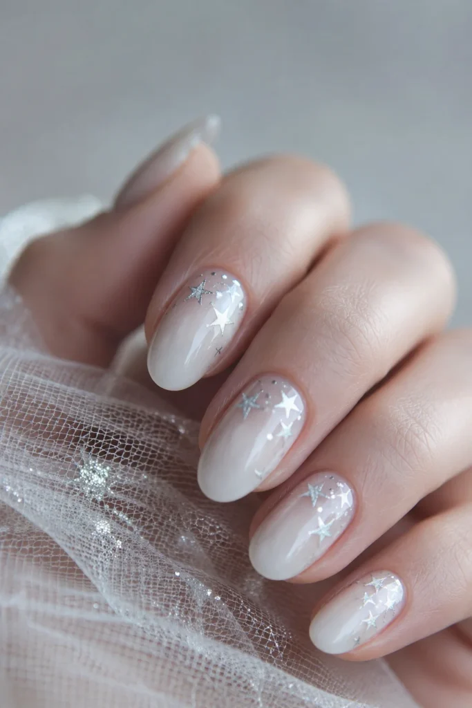 Milky white nails with icy silver star nail art