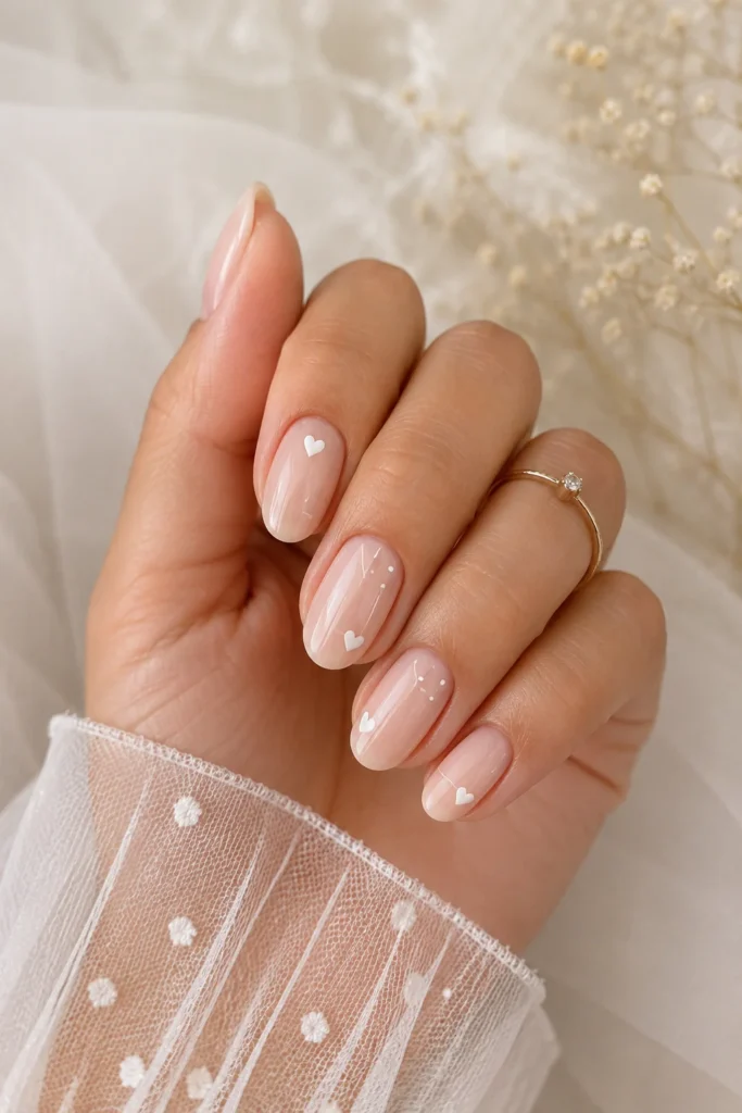 Minimal hearts and dots bridal nail art