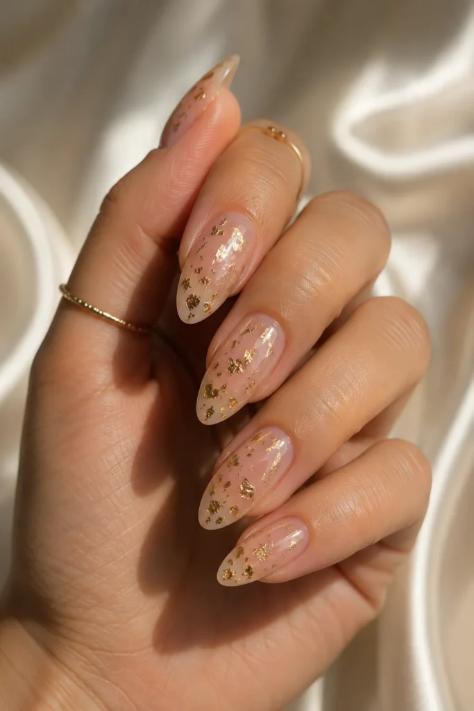 Minimal clear nails with delicate gold foil flecks
