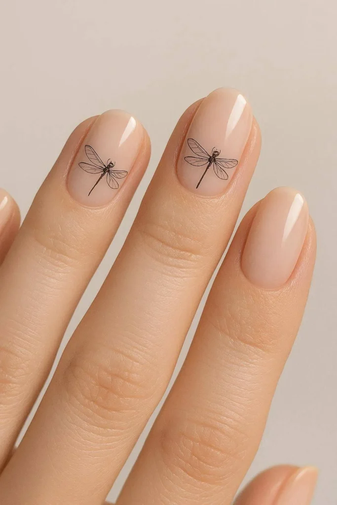 Sheer nude nails with tiny dragonfly accent art