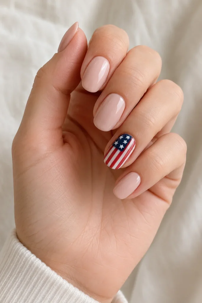 Neutral manicure with single American flag accent nail