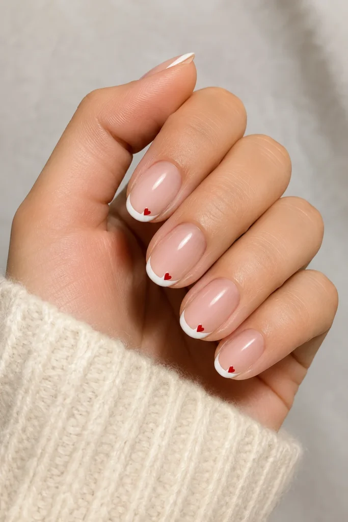 Thin French tips with tiny heart accents