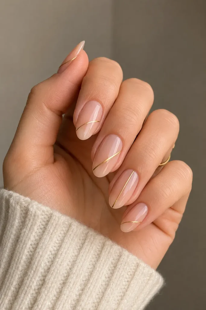 Nude nails with thin minimal gold line details