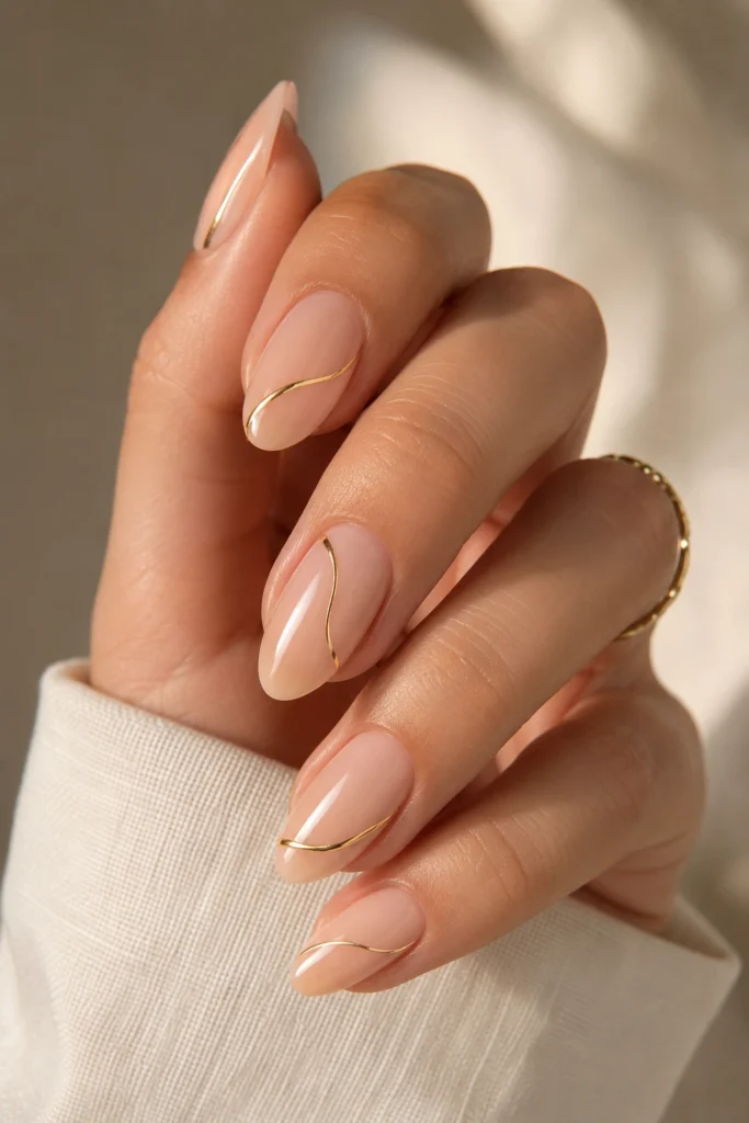 Minimal gold line nails neutral manicure design