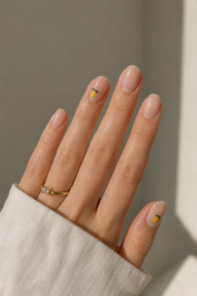 Minimal neutral nails with tiny painted lemon