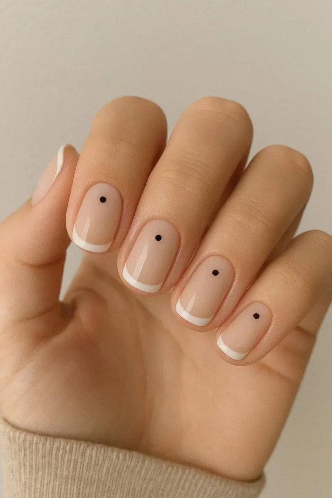 Neutral French tip nails with monochrome dots