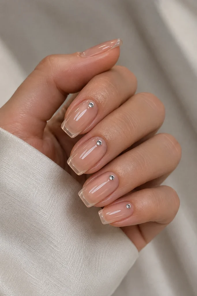 Minimal rhinestone clear nails subtle sparkle manicure accent