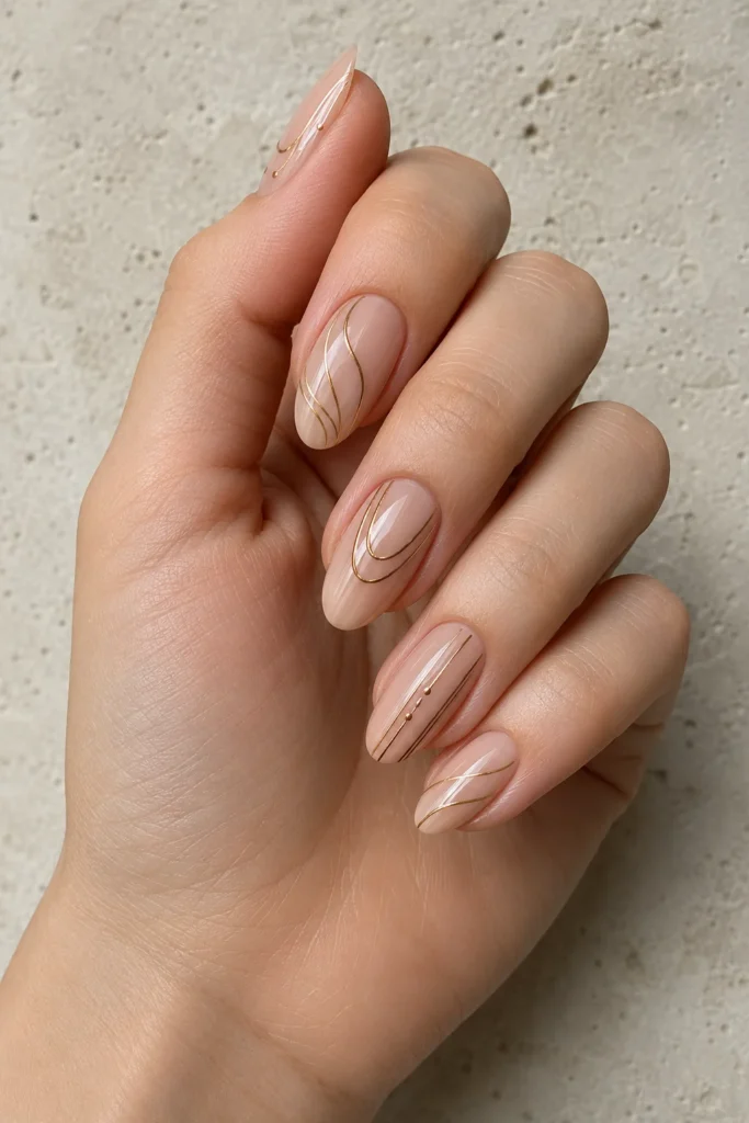 Minimalist copper line art over sheer beige nails