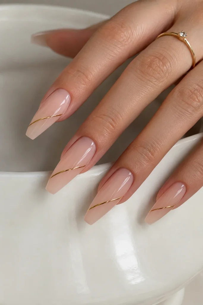 Minimalist ballerina nails with thin gold line nail art