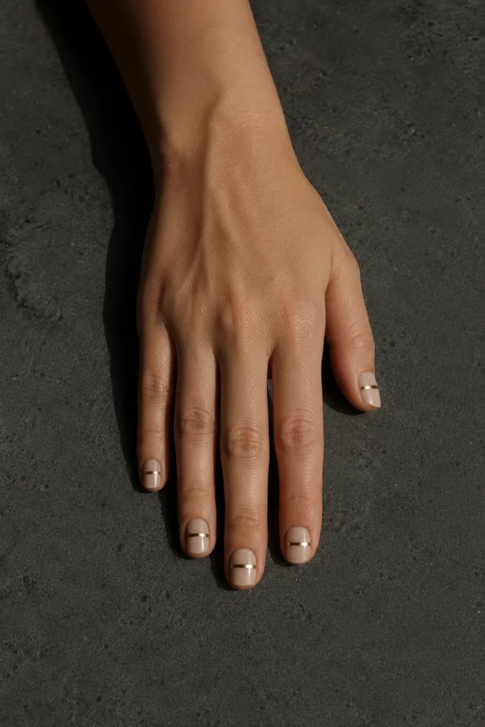 Short square nails with a single thin gold line over a neutral polish.