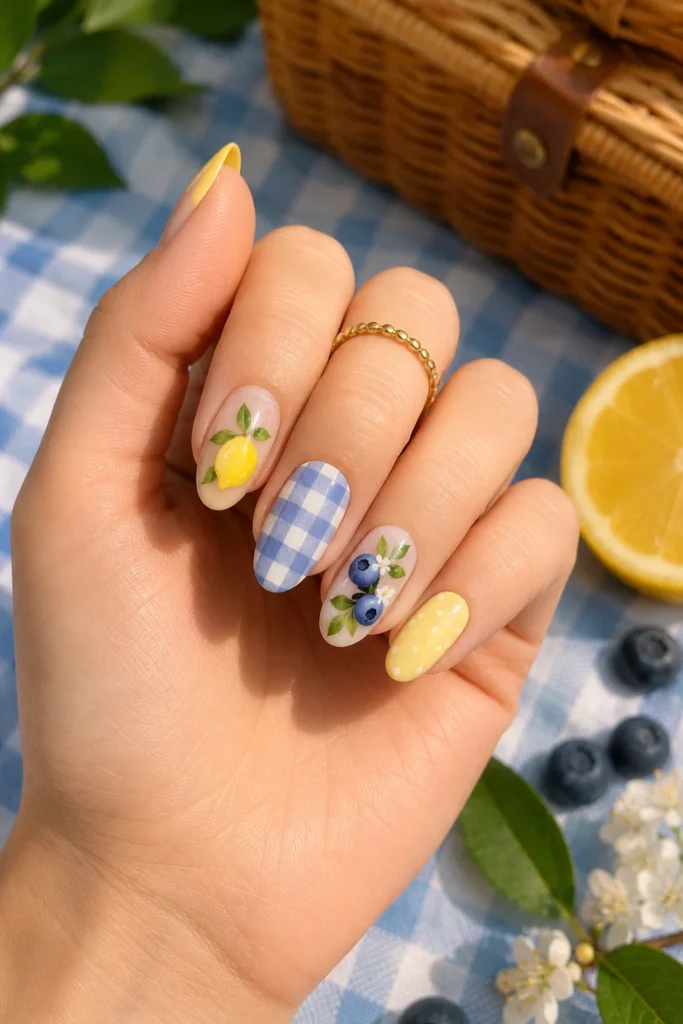 Picnic nails with lemons blueberries and gingham print