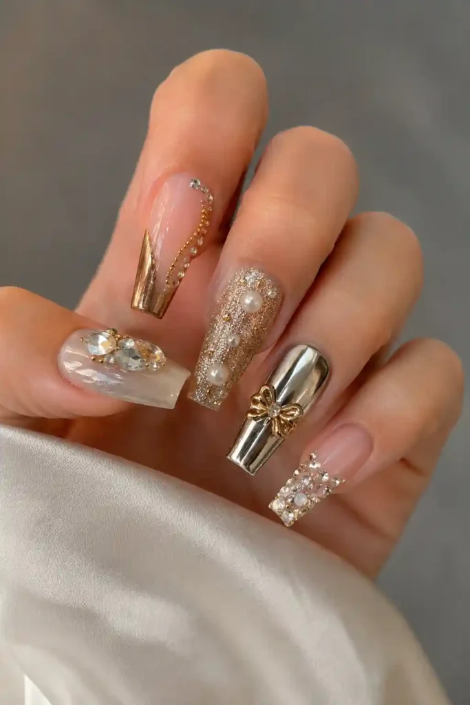 Mixed luxury nail set with different glamorous embellishments on each nail