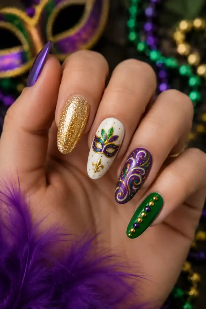 Mixed festive nail art patterns for Mardi Gras celebration