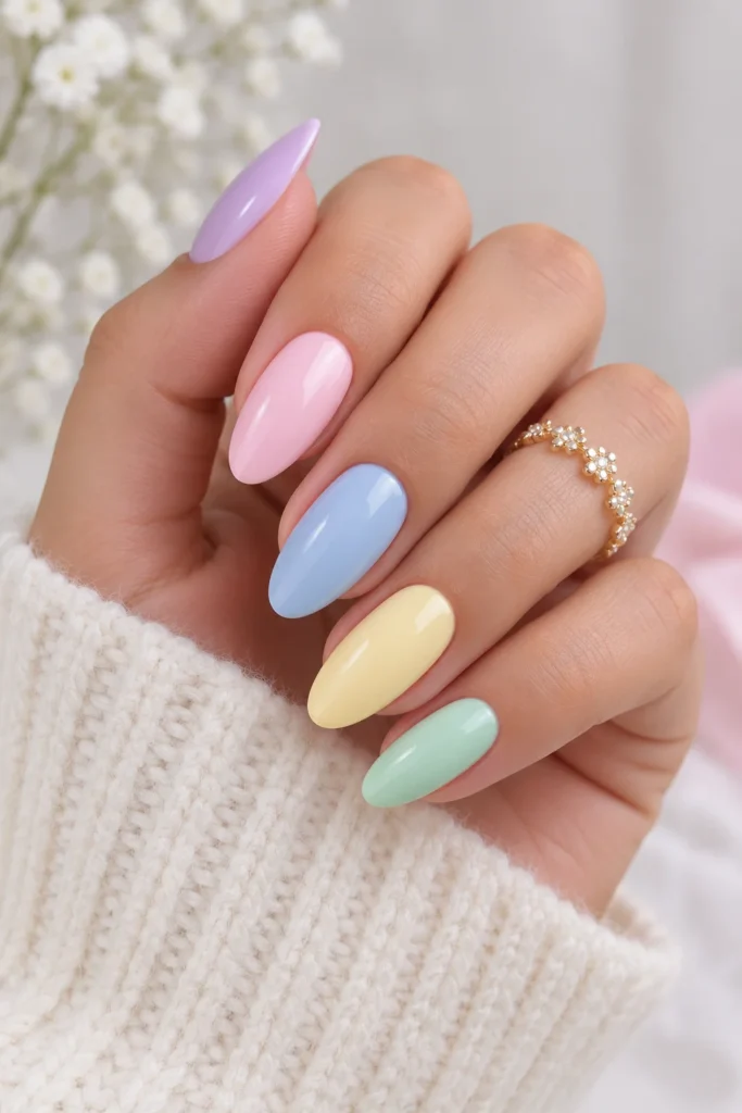 Mixed pastel nails cheerful colorful baby shower manicure design