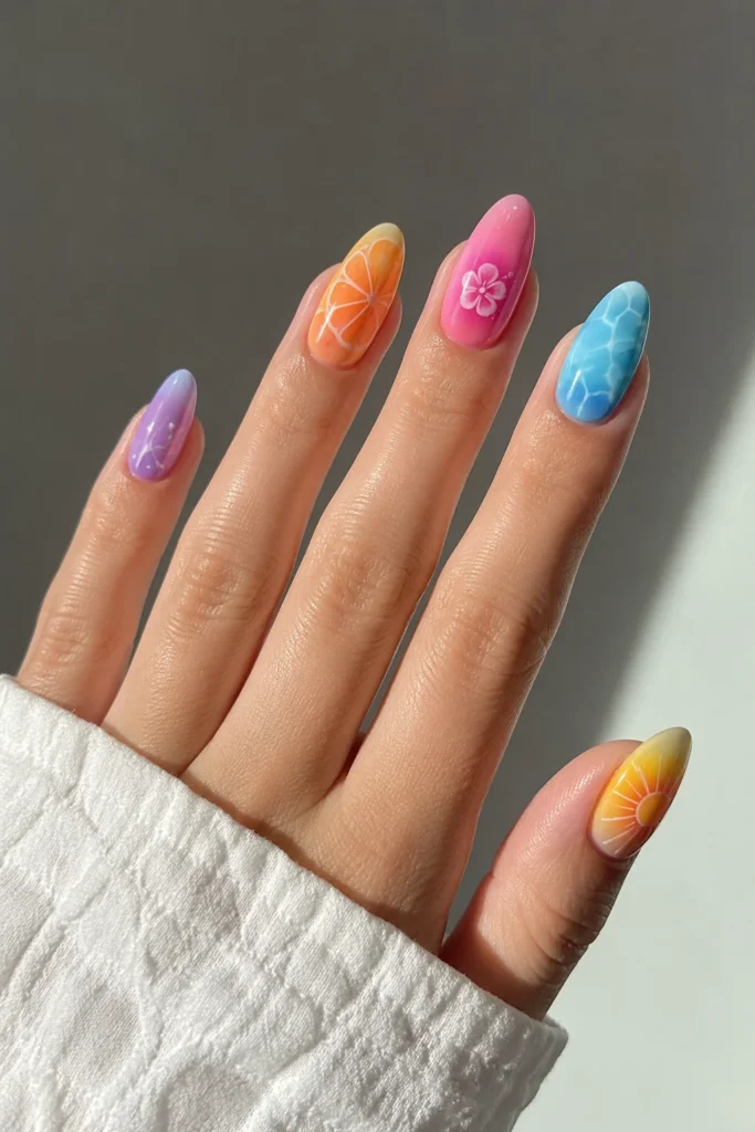 colorful mixed citrus ocean floral aura nails