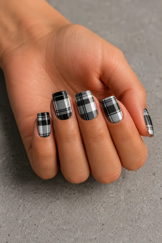 Monochrome plaid nails in black white and gray