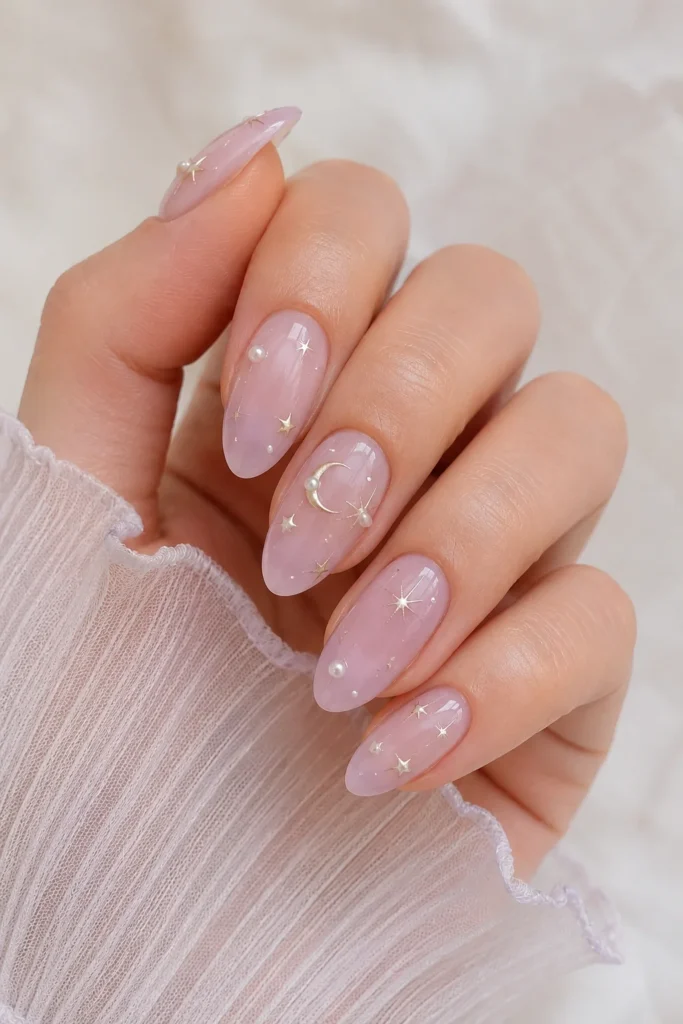Moon stars nail design pearl celestial shower manicure