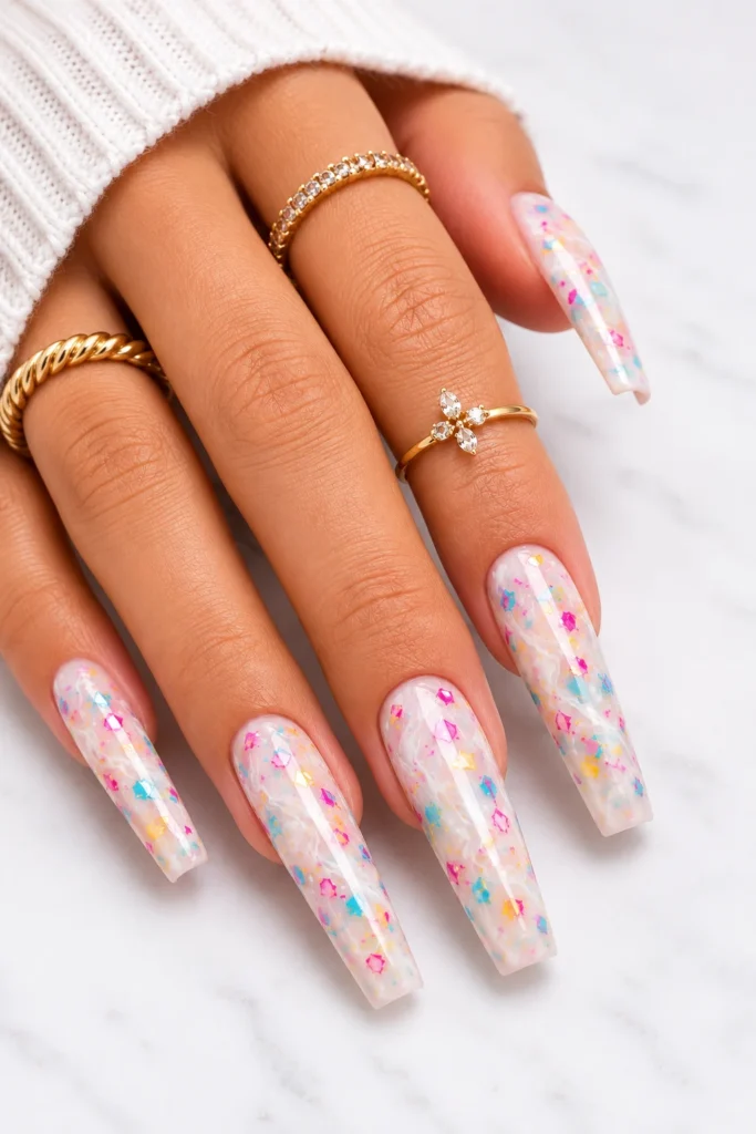 Multicolor confetti marble nail design