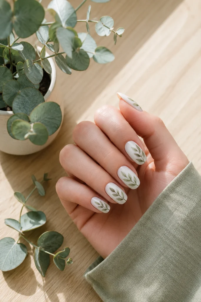 Nature inspired leaf brush nail art on white base