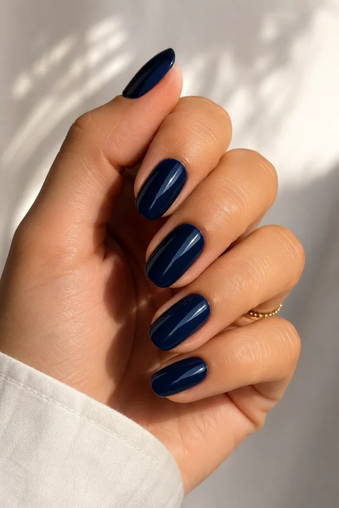 Deep glossy navy blue nail polish manicure