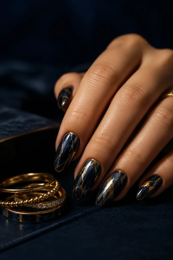 Navy blue marble nails with gold lines