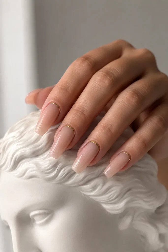 Minimal negative space ballerina nails with gold line detail