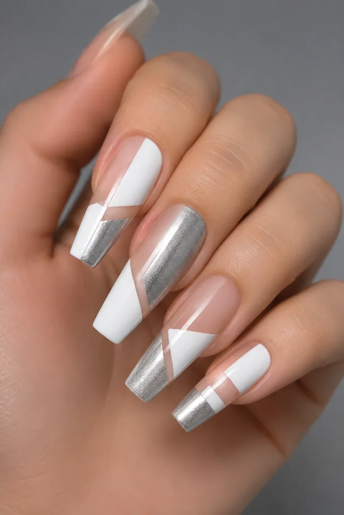 White and silver negative space coffin nails
