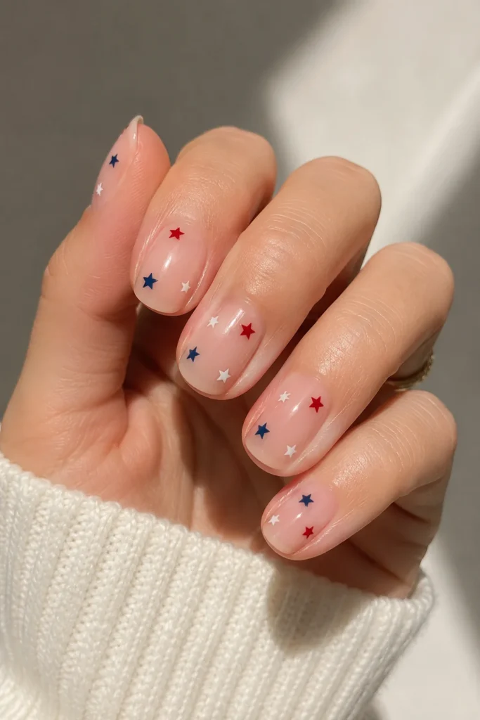 Bare nude nails with tiny floating star designs