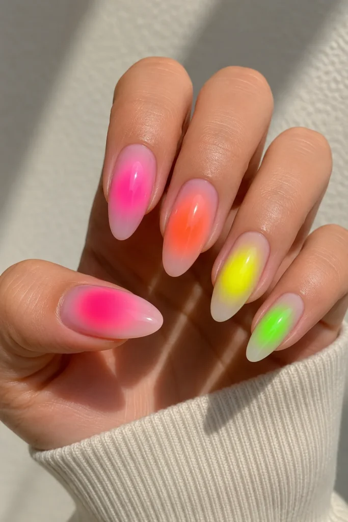 bold neon translucent gradient aura nail design