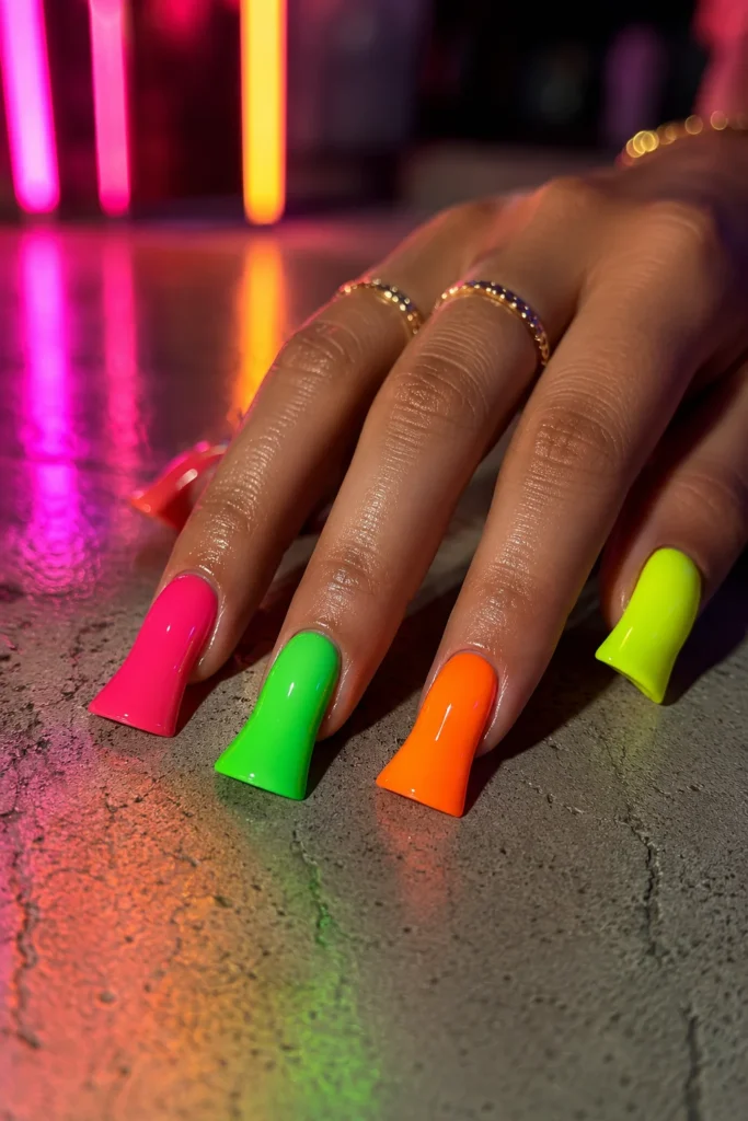 Bright neon duck nails in vibrant summer shades