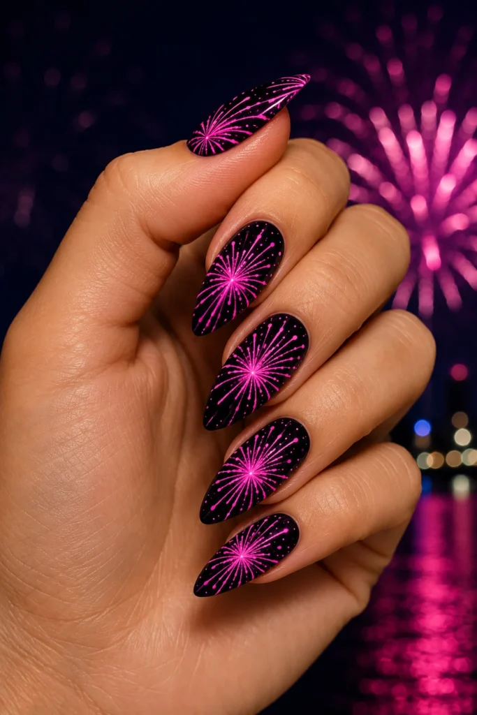 Bright neon nails with festival inspired firework burst art