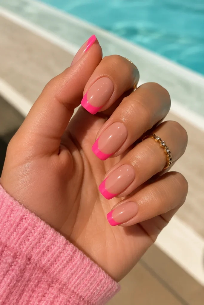 Bright neon pink french tip nail design