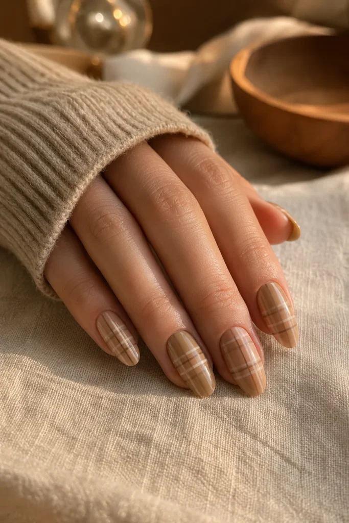 Neutral beige and cream plaid nails on almond shape